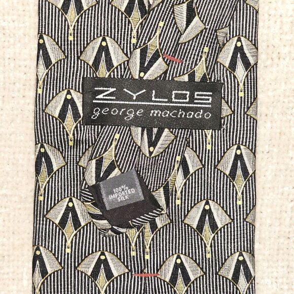 VTG Zylos George Machado Art Deco Mens Gold & Black Neck Tie 100% Silk 57x3.75 - Picture 6 of 6